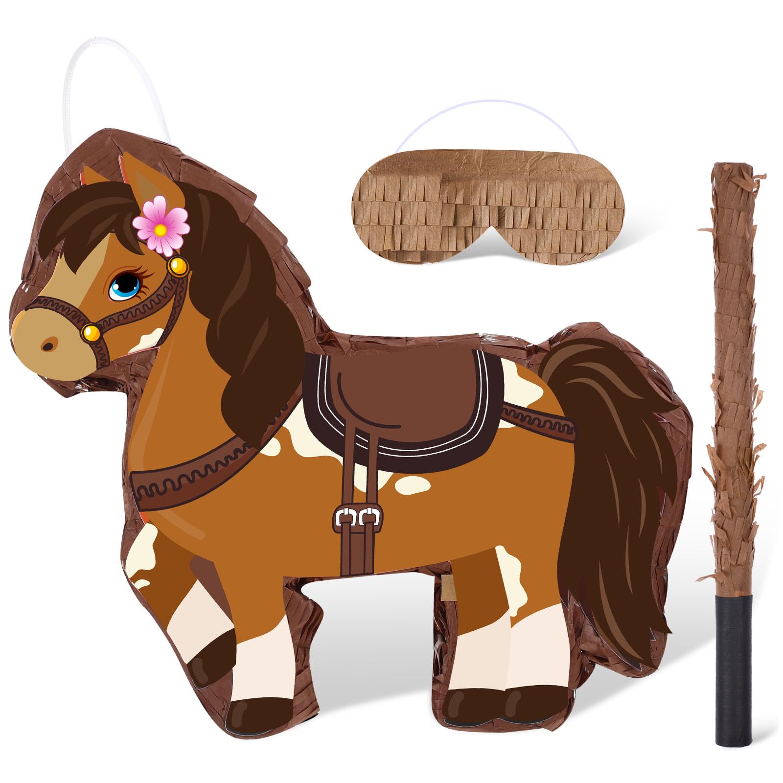 Photo 1 of Harrycle Horse Piñata Cowgirl Piñata for Birthday Girl with Bat Stick Blindfold Mask for Horse Birthday Cowgirl Party Game Decor Supplies, 15 x 13.4 x 3.2 Inch