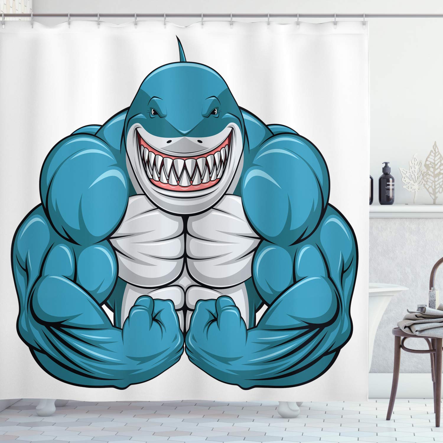 ABAKUHAUS Fish Shower Curtain, Smiling Toothy White Shark with Big Muscles on Arms Illustration Print, Cloth Fabric Bathroom Decor Set with Hooks, 70 Inches, Pale Grey Petrol Blue