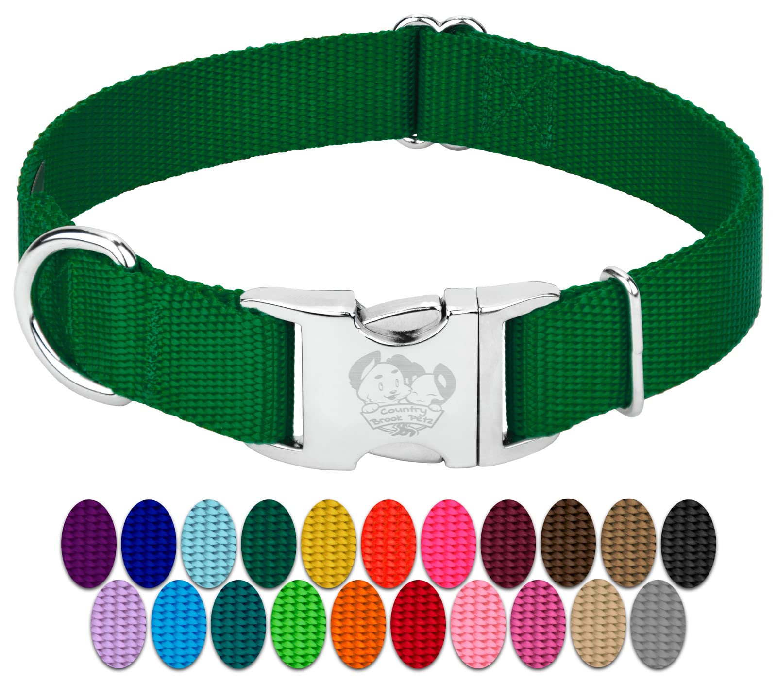 Photo 1 of Country Brook Petz Premium Nylon Dog Collar with Metal Buckle for Small Medium Large Breeds - Vibrant 30+ Color Selection (Medium, 3/4 Inch, Christmas Green)