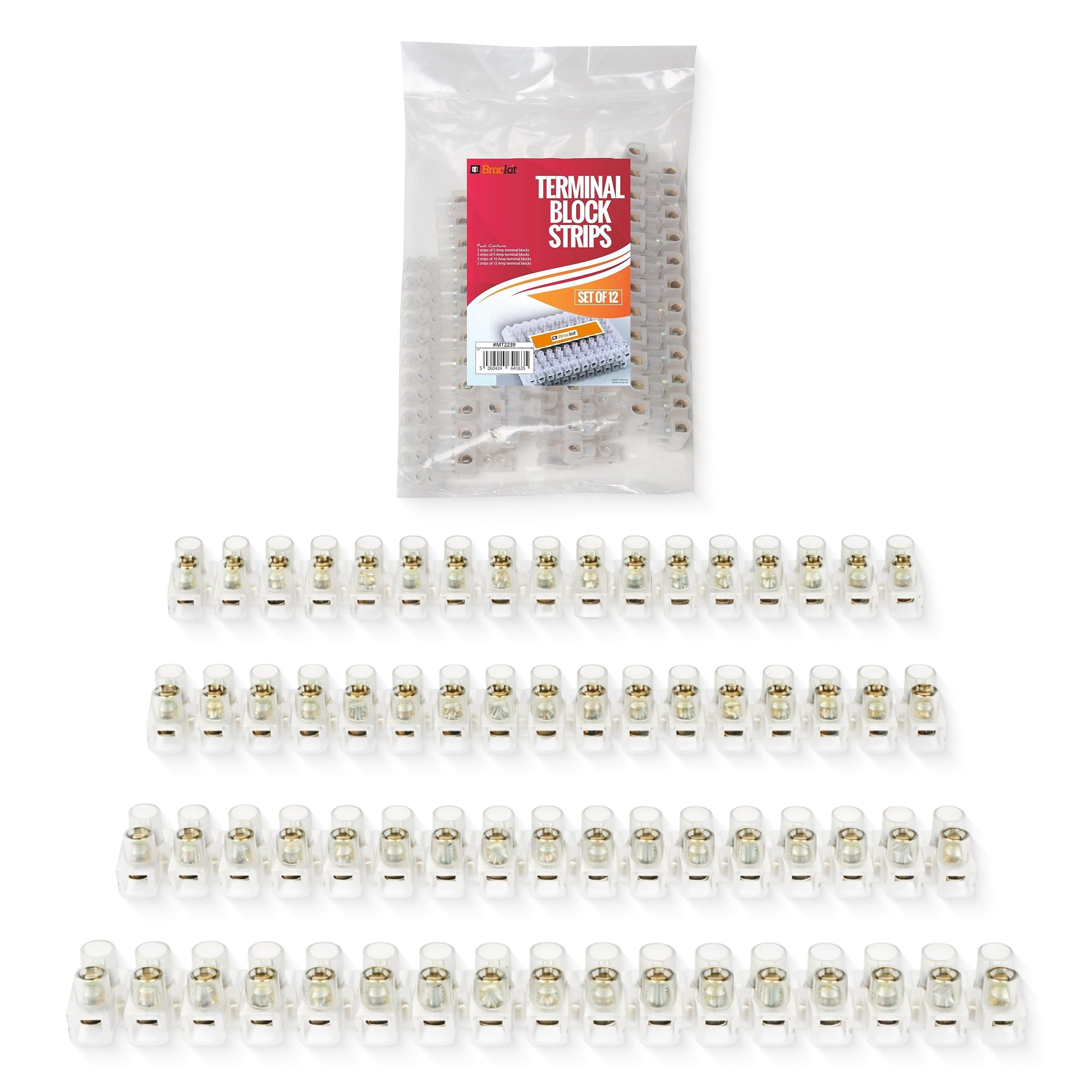 BRACKIT Terminal Blocks Wire Connectors - Bulk Pack of 12 - Electrical Connector Block - 4 Sizes (3a/5a/10a/15a) – 3 Strips Per Size – 12 Way Electrical Connectors, Wire Splice Connectors