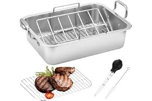 JY COOKMENT 15 Inch Stainless Steel Roasting Pan with V-Shaped Rack and Turkey Baster - Rectangular Roaster for Turkey, Chicken, Vegetables - Fits 20lb Turkey