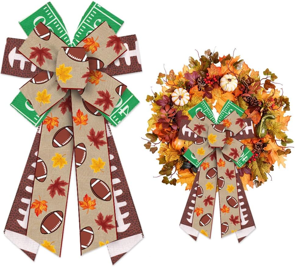 Bows & Ribbons - ALIBBON Large Fall Bows for Wreaths, Thanksgiving Wreath Bows, Super Bowl Bows, Green Brown Bows for Front Door, Football Party Supplies Decor, Burlap Bows for Wreath Indoor Outdoor Decor