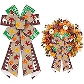 ALIBBON Large Fall Bows for Wreaths, Thanksgiving Wreath Bows, Super Bowl Bows, Green Brown Bows for Front Door, Football Party Supplies Decor, Burlap Bows for Wreath Indoor Outdoor Decor
