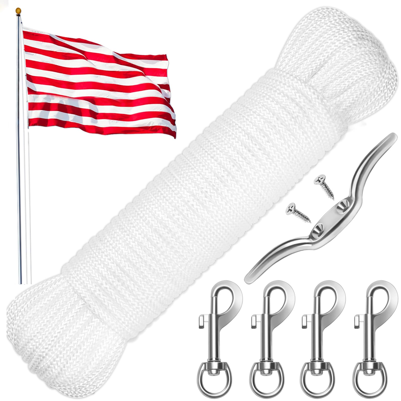 Windspeed 15 Meter Flag Rope and Clips Kit Replacement, 8 mm Flag Pole Rope Line Kit with 4PCS Swivel Hook Clips/ 2PCS Screws/Cleat Hook