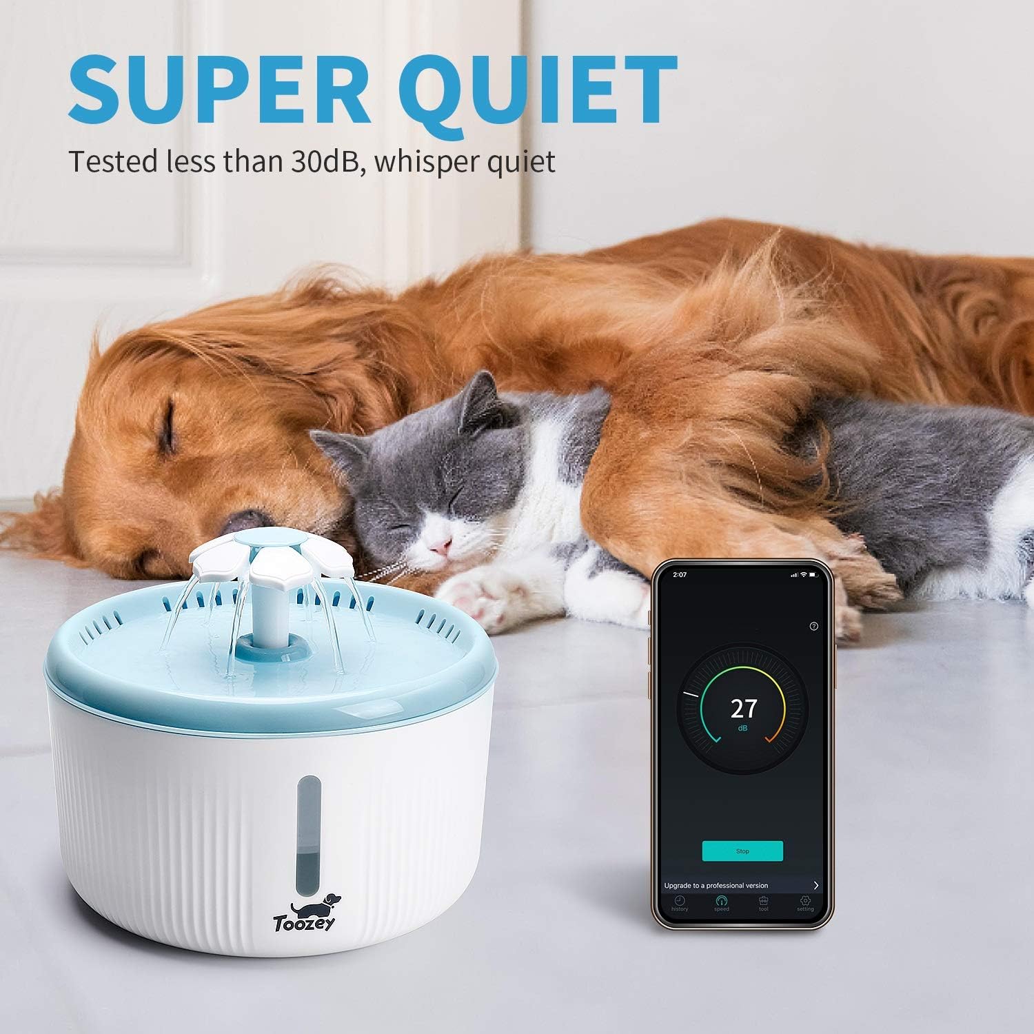 Toozey Cat Water Fountain, 2L Water Fountain for Cats, Automatic Quiet Cat Water Dispenser, Pet Fountain for Cats, Dogs : Pet Supplies