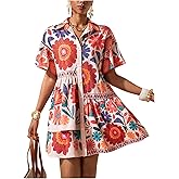SOLY HUX Women's Floral Button Down Shirt Dress Collared Short Sleeve Ruffle Babydoll Summer Vacation Short Dresses