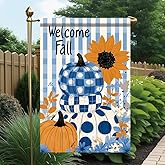 Tomhong Welcome Fall Pumpkin Garden Flag 12x18 Inch Double Sided for Outside Blue Plaid Pumpkins with Sunflower Yard Banner for Outdoor Lawn Patio Porch Autumn Harvest Thanksgiving Decor