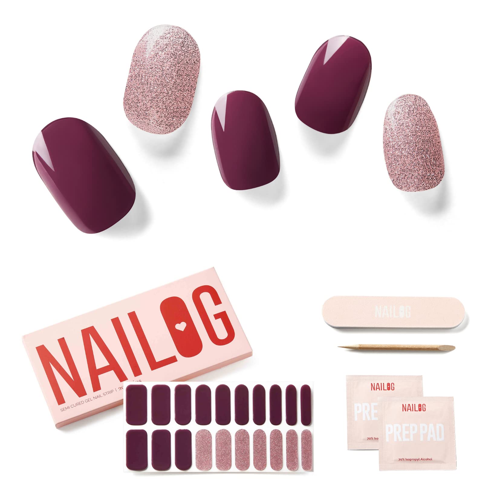 NAILOG Semi Cured Gel Nail Strips (20 Extra Long Stickers) | Glossy & Long Lasting Soft Gel Finish Wrap| Long Night — image 1