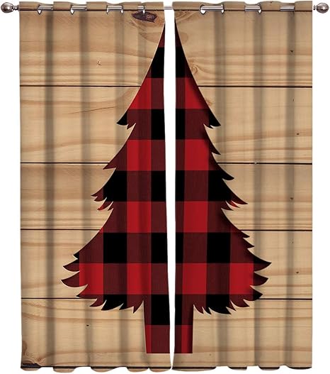 Amazon Com Red Black Buffalo Plaid Christmas Tree On Rustic Wood Kitchen Curtains Window Drapes Treatment 2 Panels Set For Kitchen Cafe Office Grommet Sliding Glass Door Curtains Drapies 55w X 39l