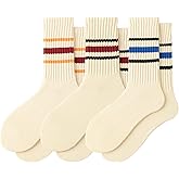 Ceoon 3/4 Pairs Striped Crew Socks Retro Tube Socks Vintage Slouch Socks for Women