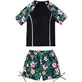 Sewetier Girls Rash Guard Swimsuit 2-Piece Short Sleeve Bathing Suit UPF 50+ Summer Swimwear Size 9-14T