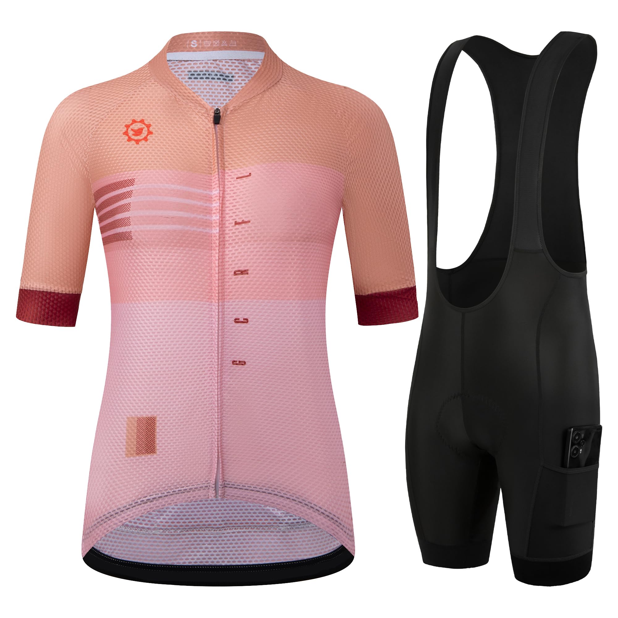 Photo 1 of GCRFL Women's Cycling Jersey Sets Road Bike Jersey Riding Shirts Highly Breathable, Bib Shorts with Pockets and 4D Padded (Pink, S)