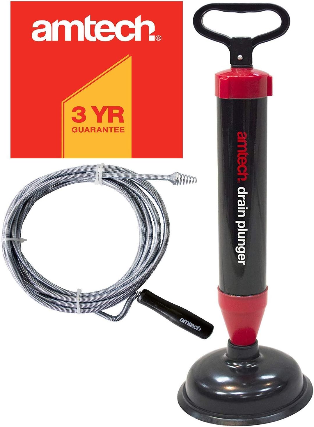 BMG Amtech S1895 Drain Augers-Plumbing Tools, Transparent, One Size and Amtech S1502 Drain Plunger Red/Black Kit