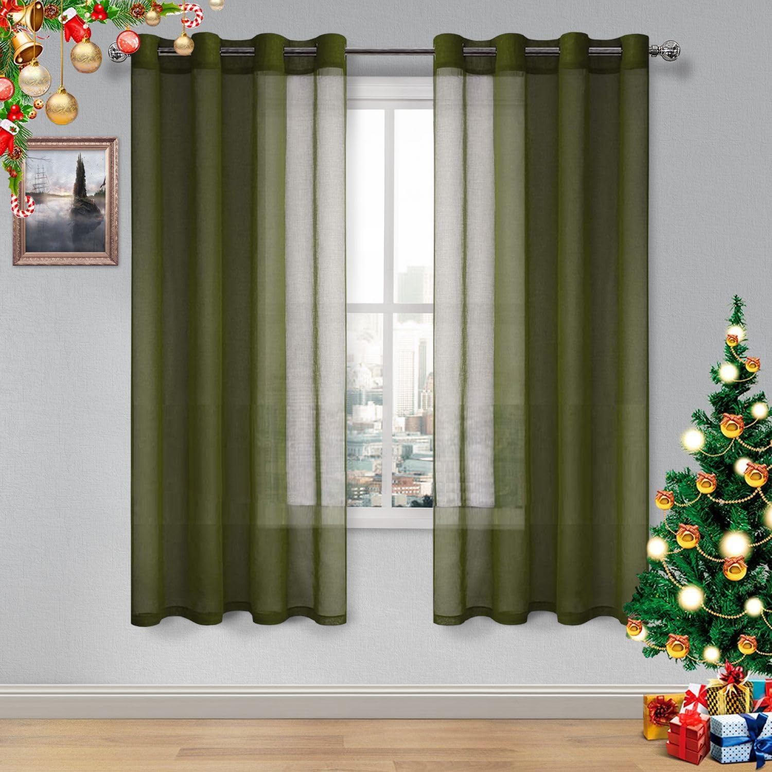 DWCN Set of 2 Linen Effect Sheer Curtains with Eyelets 52 x 63 cm Olive Green