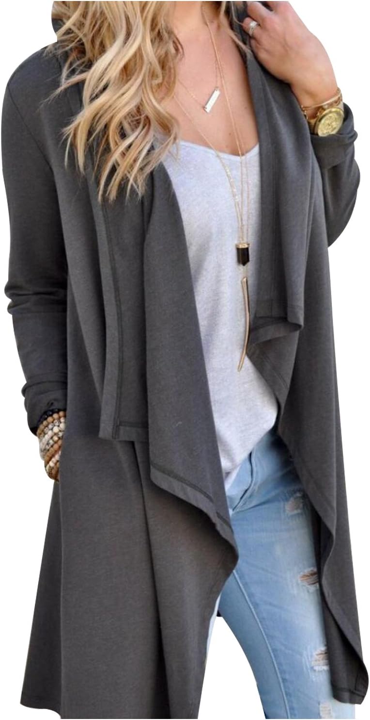 Aumir Women's Casual Asymmetric Drape Open Long Sleeve Tunic Tops Waterfall Cardigan Outwear