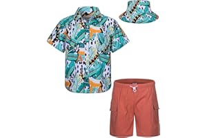 MOHEZ Boys Hawaiian Shirt and Short Set Summer Outfit Kids 2 Piece Clothes Set with Bucket Hat