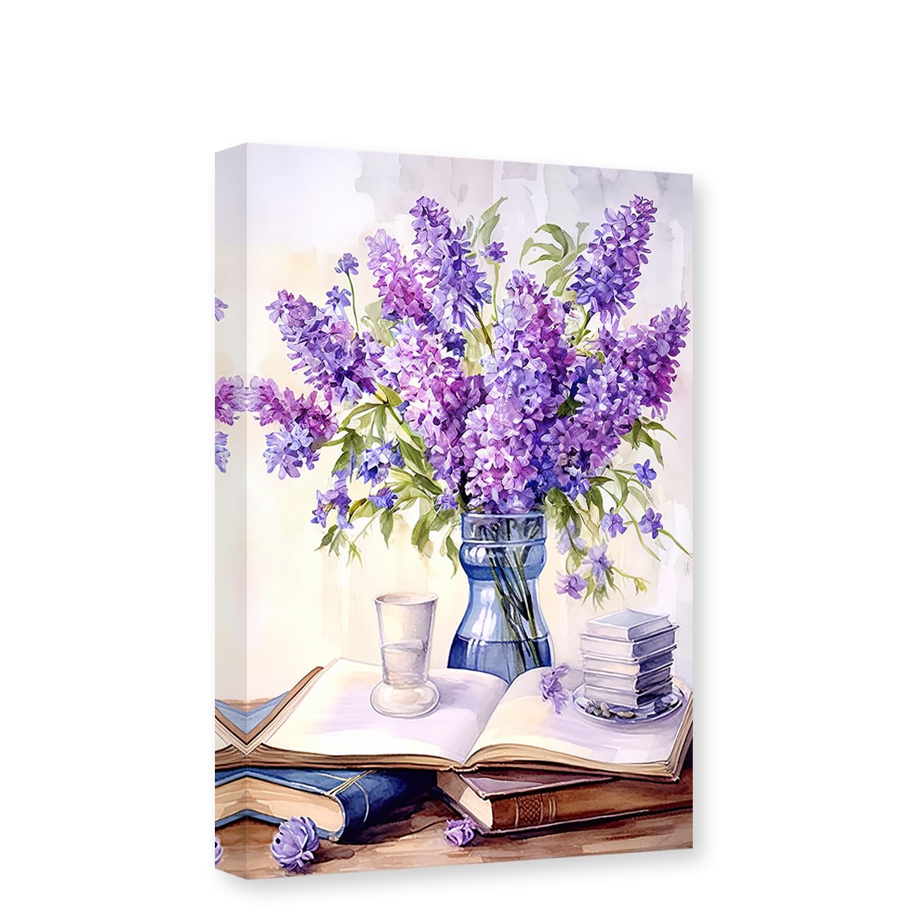 CXHOSTENT Purple Lavender Canvas Wall Art Floral Pictures Wall Decor Rustic Flower and Books Painting Print Bedroom Decor Frame (Lavender - 2, 45L x 30W cm)