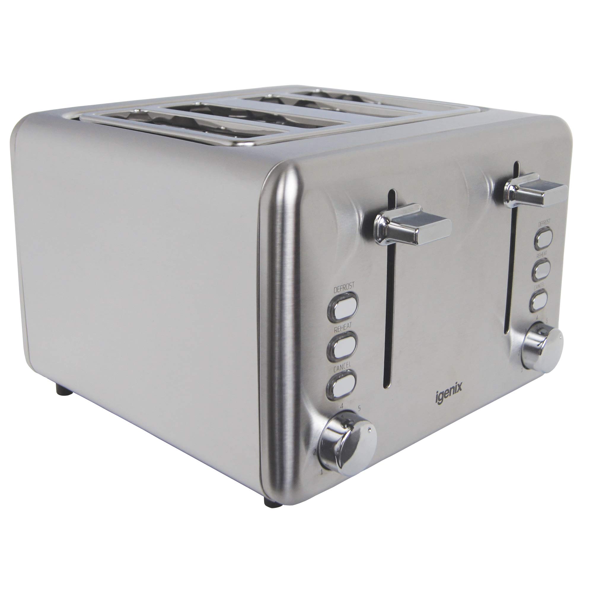 Igenix IG3204 4 Slice Toaster, Deep Slots with Adjustable Browning Control, Slide Out Crumb Tray for Easy Cleaning, Defrost and Reheat Function, Stainless Steel