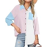 Neweek Womens Linen Button Down Shirts Casual Long Sleeve Loose Textured Collared Blouses Work Tops with Pocket