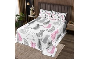 CASTLE FAIRY Cute Cat Pattern Bedspread Set Queen Size for Kids,Girls Cat Silhouette Quilt Set Pink and Gray Bedspread Coverlet Striped Polka Dots Bedspread 3 Piece Decorative Bedding Quilted with 2 Pillow Shams