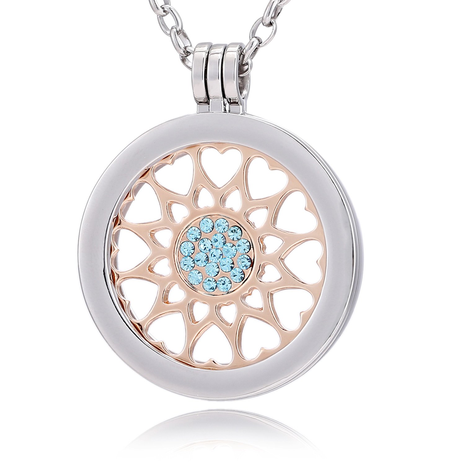 Morella Women Necklace 70 cm 27.5" Stainless Steel with Heart Ornament Coin 33 mm 1,3" Pink Gold in a Velvet Jewelry Bag