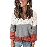 FEKOAFE Womens Sweaters 2026 Fall V Neck Long Sleeve Hollow Knit Pullover Sweaters for Women