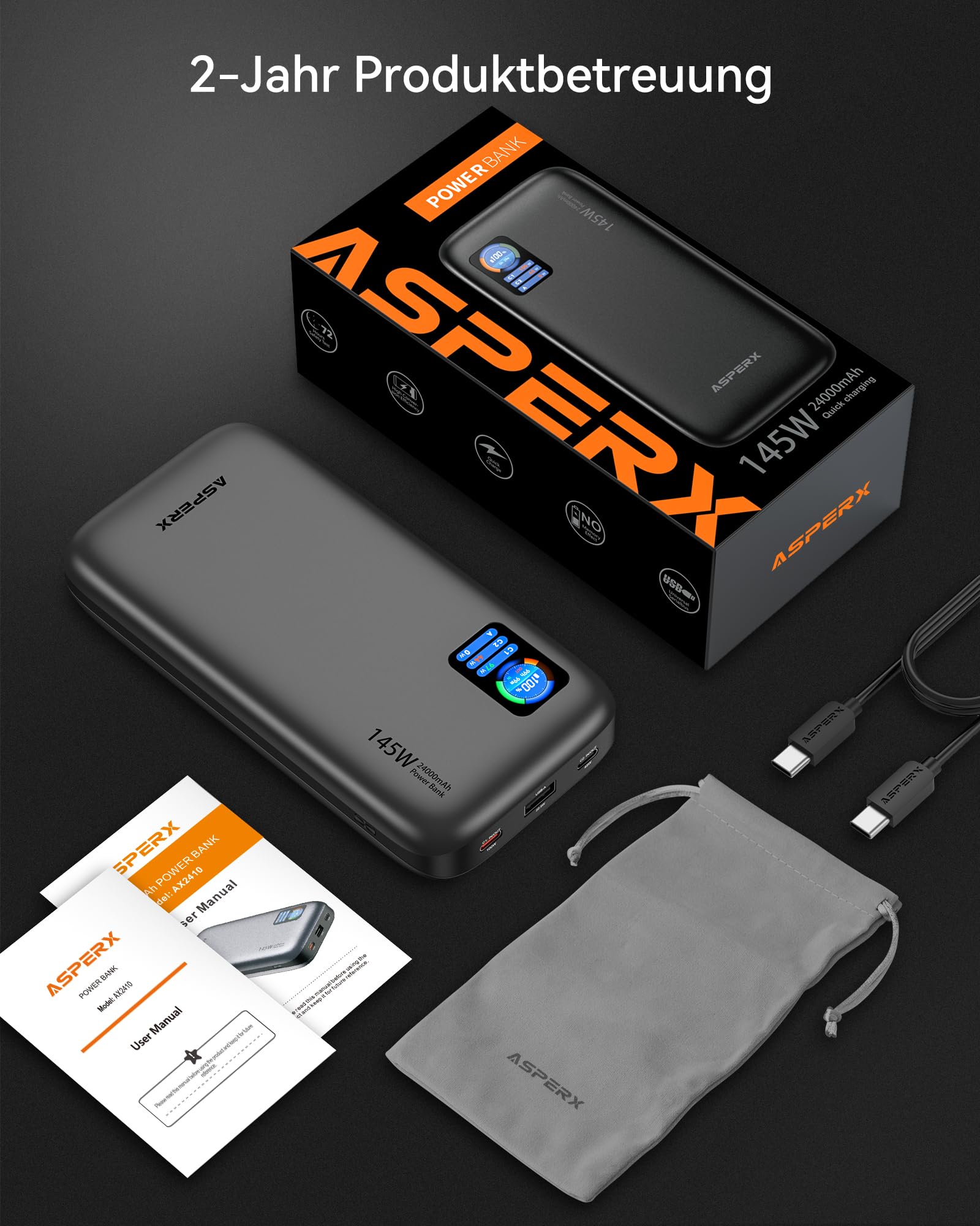AsperX 100W 24000mAh Powerbank für Laptop MacBook iPad iPhone 17/16/15/14 7