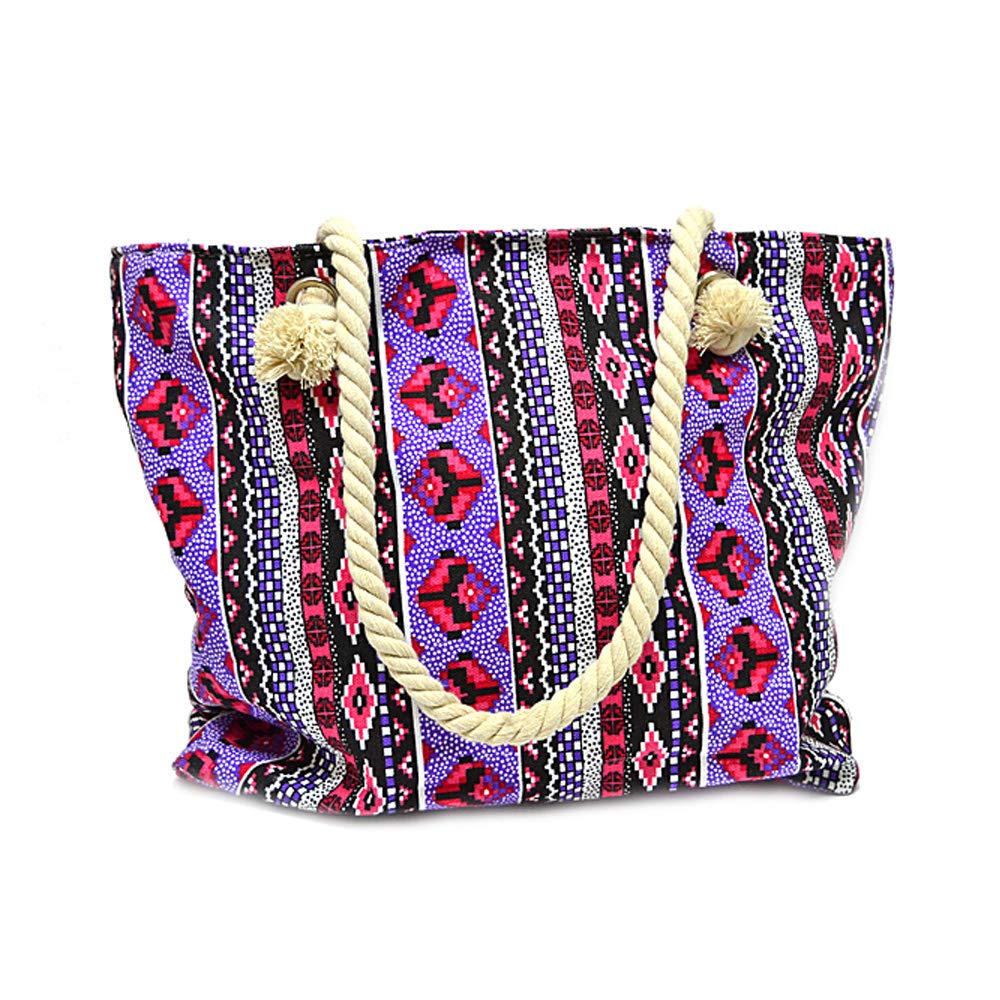 Bag with Rope Handles and Zipper in Purple. 41x30cm Vintage Boho Shopper