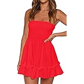 Tube Top Dress for Women Summer Solid Strapless Mini Dresses, Off The Shoudle Ruffle Beach Dress