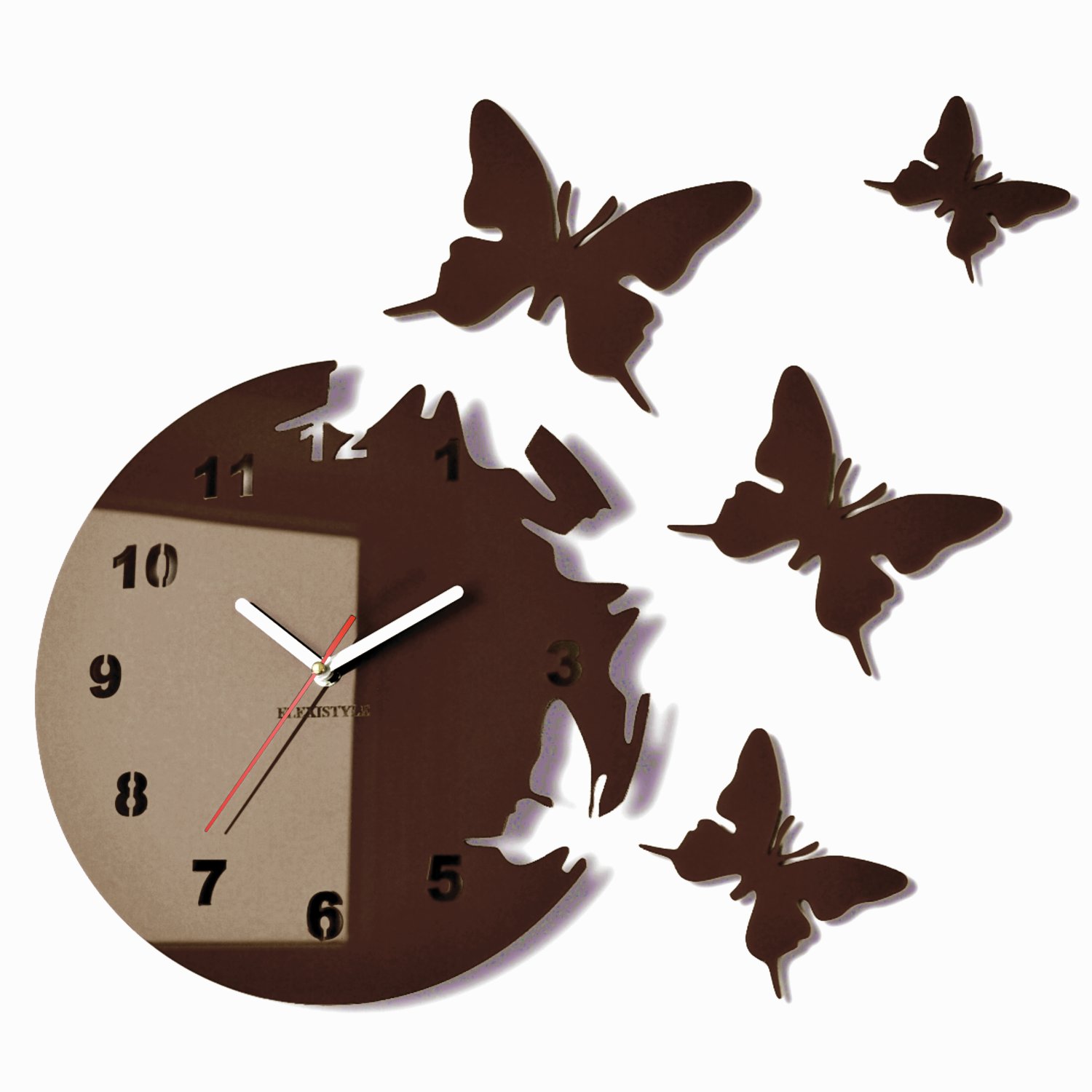 FLEXISTYLE Modern wall clock BUTTERFLIES circular, no ticking (Dark brown (wenge))
