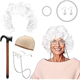 9 Pcs Old Lady Wig Costume Set Grandma costume Granny Wig Cosplay Set Stage props with Pearl Necklace Glass Accessories for D