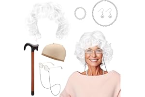 9 Pcs Granny Wig Old Lady Costume Set Grandma Costume Fun Wig Cosplay Set Stage Props with Pearl Necklace Glass Accessories f