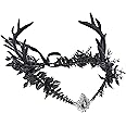 MOSTORY Black Flower Antler Crown - Dark Reindeer Headpiece Gothic Elf Circlet Deer Horns Headband for Women Cosplay Renaissance Goth Wedding Renfaire Accessory