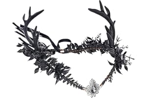 MOSTORY Black Flower Antler Crown - Dark Reindeer Headpiece Gothic Elf Circlet Deer Horns Headband for Women Cosplay Renaissance Goth Wedding Renfaire Accessory