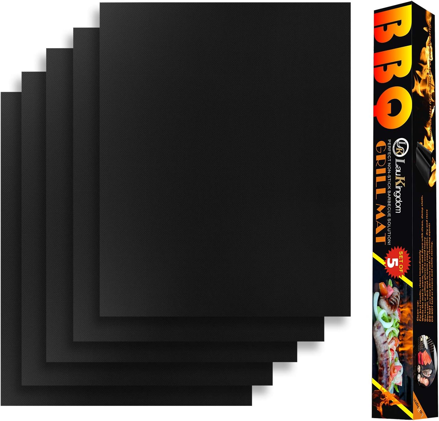 LauKingdom Grill Mat Set of 5-100% Non-Stick BBQ Grill Mats for Grill Accessories, Heavy Duty, Reusable, and Easy to Clean-Works on Electric Grill Gas Charcoal BBQ