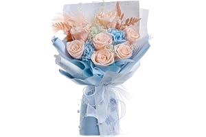 Mosstory Preserved Flowers Bouquet 7 Roses Bouquet Flowers Fresh Bouquet Flower Preserved Gift for Her Anniversary Birthday Valentine's Day Mother's Day Wedding (Champagne,Blue Paper)