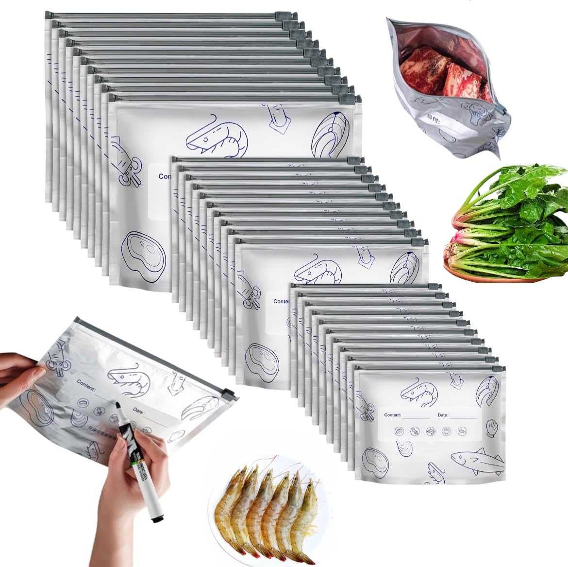Photo 1 of ?30PCS,3 Size?2026 New Resealable Vacuum Zipper Pouches for Food,Reusable Aluminum Foil Sealable Storage Bags,aluminum freezer bagsFoil Sealable Bags with Label and Zip Lock for Vegetable Fruit Meat