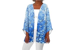 KENVINA Cardigan for Women 2023, Summer 3/4 Length Sleeve Tops Lightweight Printed Shirts Drape Dressy Elegant T-Shirts