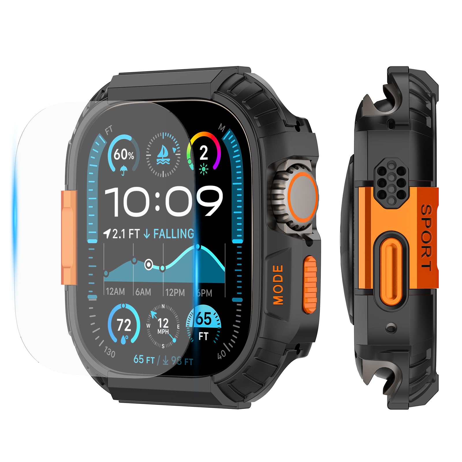 YIJDACASE Rugged Waterproof Case for Apple Watch Ultra/Ultra 2/Ultra 3 Screen Protector 49mm Accessories,Metal & PC Bumper+9H Tempered Glass Film Protective Face Cover Compatible iWatch Black/Orange