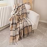 Temminc Pure Wool Blanket - Soft Lightweight Breathable Blanket Large 55x83 inches, 1.5 lbs, Wool Fringed Knee Throw Blanket for Couch Bed Outdoor Travel,Tartan-Camel/Cream