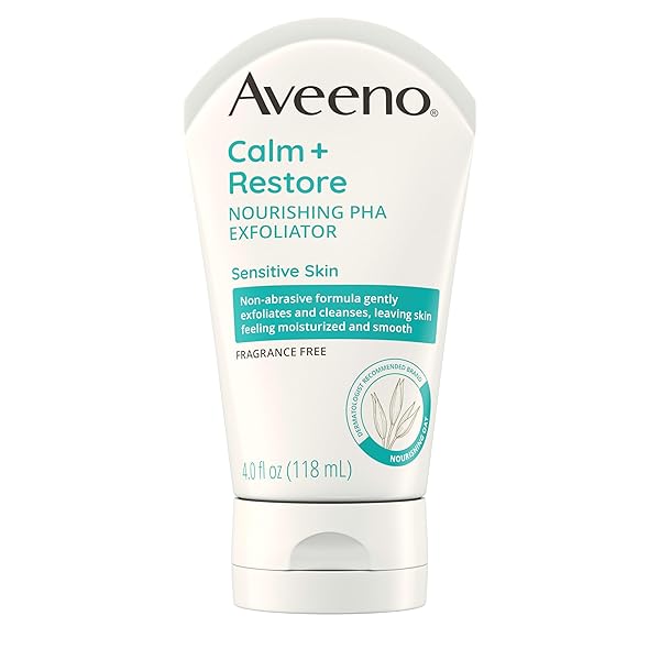 AVEENO CALM + RESTORE NOURISHING PHA FACIAL EXFOLIATOR DAILY FOR SENSITIVE SKIN, FRAGRANCE-FREE & NON-ABRASIVE OAT FORMULA TO GENTLY EXFOLIATE & CLEANSE SKIN, HYPOALLERGENIC, 4 FL. OZ