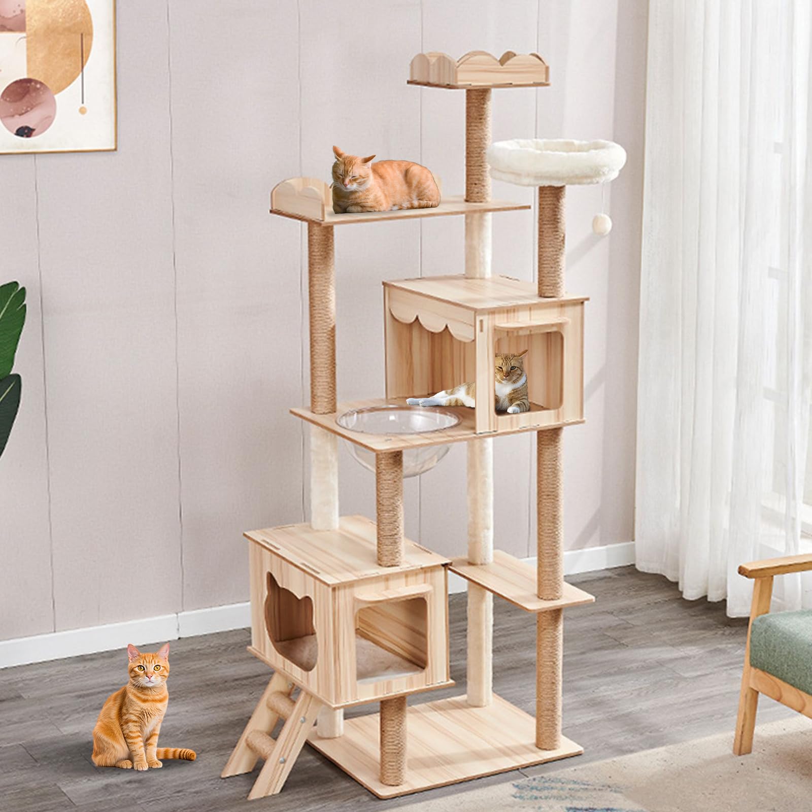 Photo 1 of Oceskyha Cat Tree, 70-Inch Tall Modern Cat Tower for Large Indoor Cats, Multi-Level Cat Condo with Cat's nest, Hammocks, 9 Scratching Posts, Cat Jumping Platform, Toys, Perch (Natural Color 13)