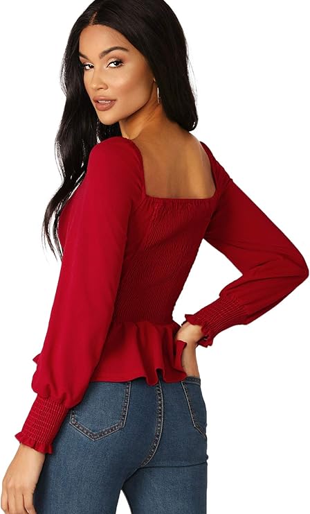 off the shoulder shirred peplum blouse