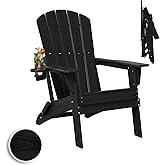 Plawdlik Folding Adirondack Chair, SGS Tested, Wooden Textured with Cup Holder, Heavy All-Weather HDPE Comfortable Set Poolside Backyard Lawn Black