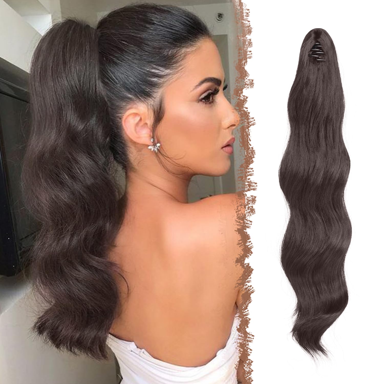 FESHFEN Ponytail Extensions 20 inch Long Wave Ponytail Claw Clip in Pony Tail Hair Extensions Medium Brown Wavy Ponytails Synthetic Hairpieces for Women Girls