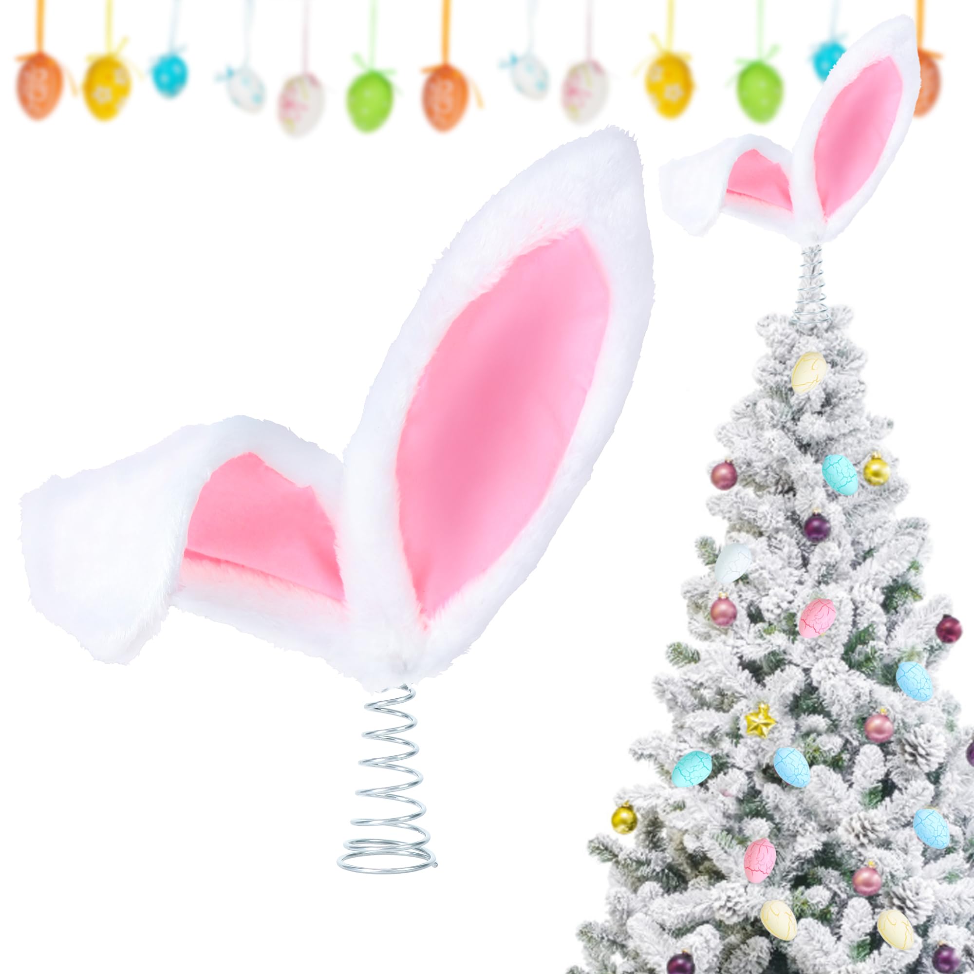 Easter Tree Topper Bunny Ears Christmas Tree Top Decoration Spring Plush Metal Rabbit Ornament for Cute Spring Easter Trees Holiday Home Decoration Party Supplies