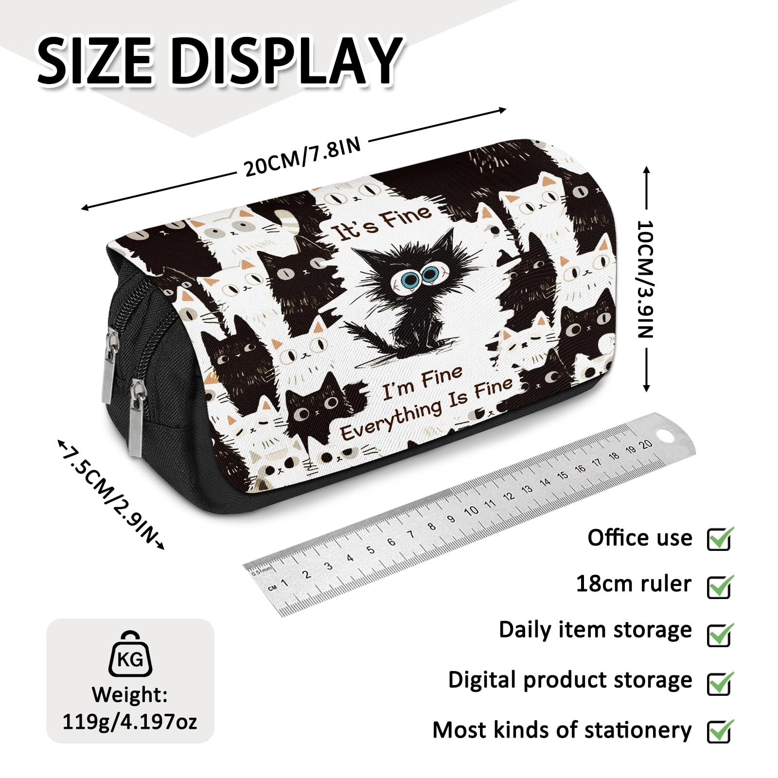 Cat Pencil Case for Boys Girls Cartoon Black Cat I'm Fine Pencil Pounch Large Capacity Flip Top Pen Bag with Zipper Back to School Supplies Cats Themed Pen Holder Office Student Stationery Box