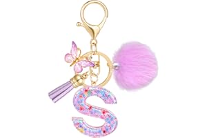 JSRQT Resin Initial Letter Keychain,Purple Snowflake Sequins Alphabet Key Chains for Women Girls Bag Charms