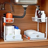 FUNYKICH 2 Pack Height Adjustable Under Sink Organizers and Storage, 2 Tier Slide out Pull out Cabinet Organizer Shelf for Kitchen Bathroom Closet Pantry, White