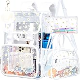 FTJCF 3PCS Clear Backpack, Heavy Duty Transparent Bookbag for Girls Women, Stadium Approved See Through Backpack Set (White Daisy)